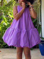 High Waisted Loose Pleated Solid Color Round-Neck Mini Dresses