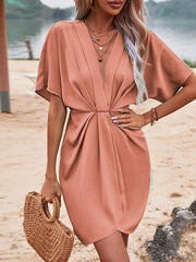 Pleated Solid Color Split-Joint Loose Raglan Sleeve Deep V-Neck Mini Dresses