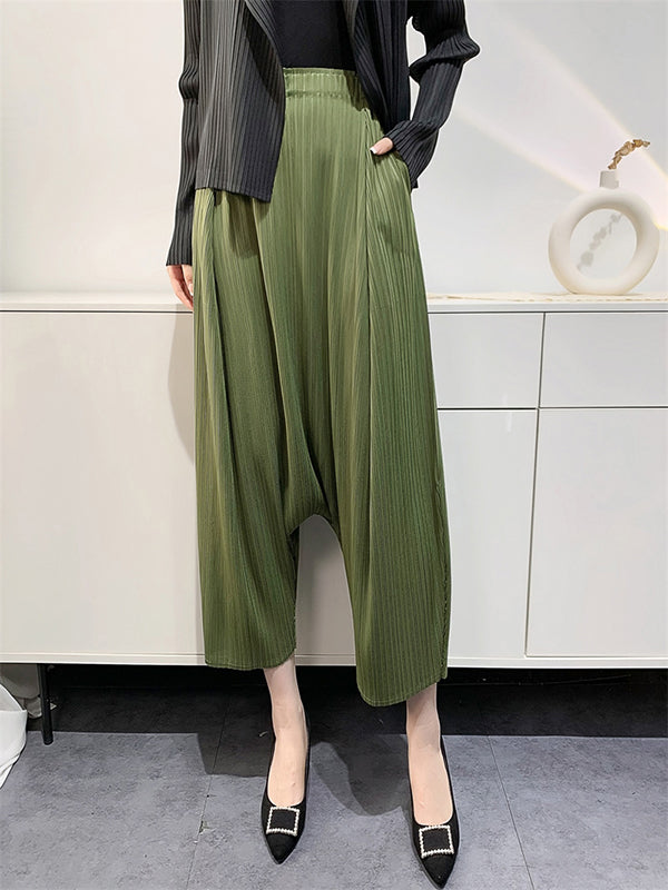 Elasticity Pleated Solid Color Split-Joint Harem Pants High Waisted Trousers Pants Ninth Pants