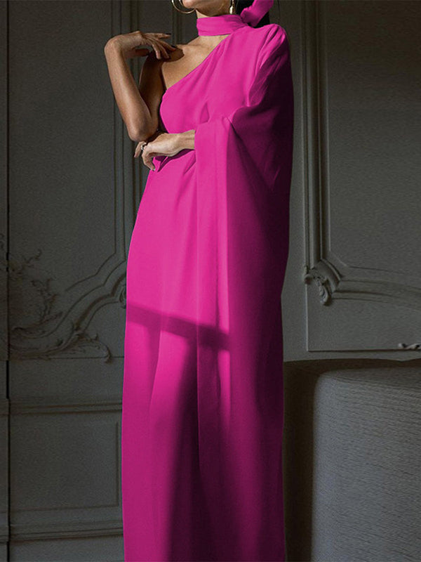 Asymmetric Solid Color Batwing Sleeves Loose Halter-Neck Maxi Dresses