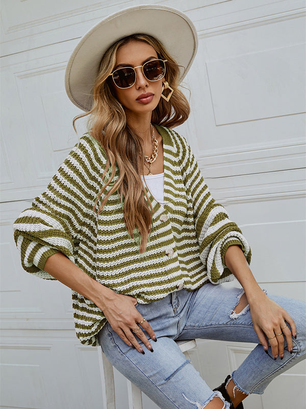 Casual Loose Long Sleeves Striped V-Neck Cardigan Tops