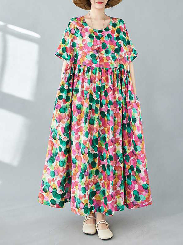 Pleated Polka-Dot Printed Split-Joint Half Sleeves Loose Round-Neck Midi Dresses