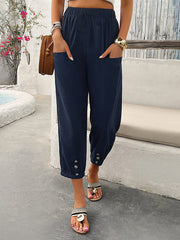 Drawstring Elasticity Pleated Pockets Solid Color Loose Trousers Ninth Pants