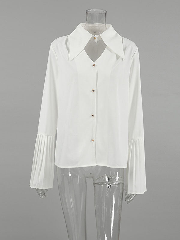 Buttoned Hollow Pleated Split-Joint Flared Sleeves Long Sleeves Lapel Blouses&Shirts Tops