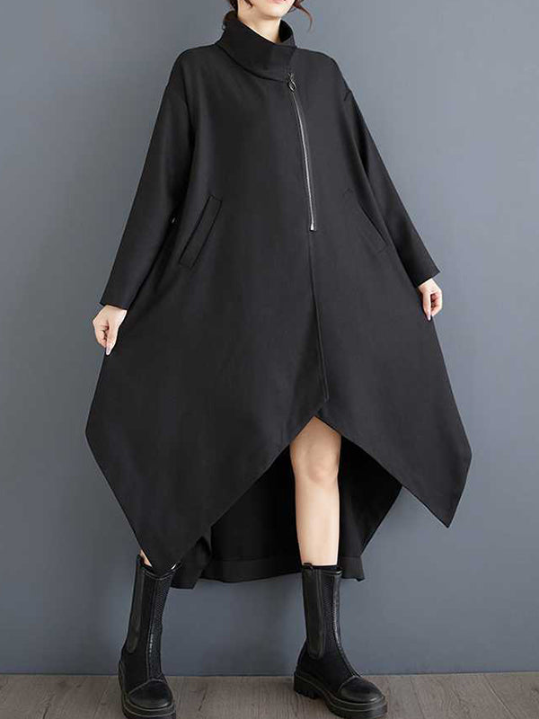 Pockets Solid Color Split-Joint Zipper High-low Long Sleeves Stand Collar Outerwear
