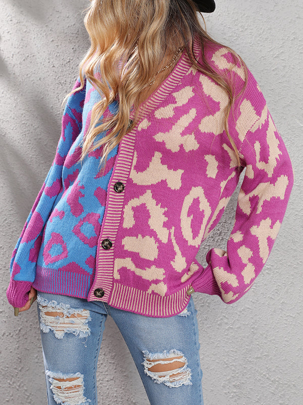 Buttoned Leopard Split-Joint Long Sleeves Loose V-Neck Cardigan Tops