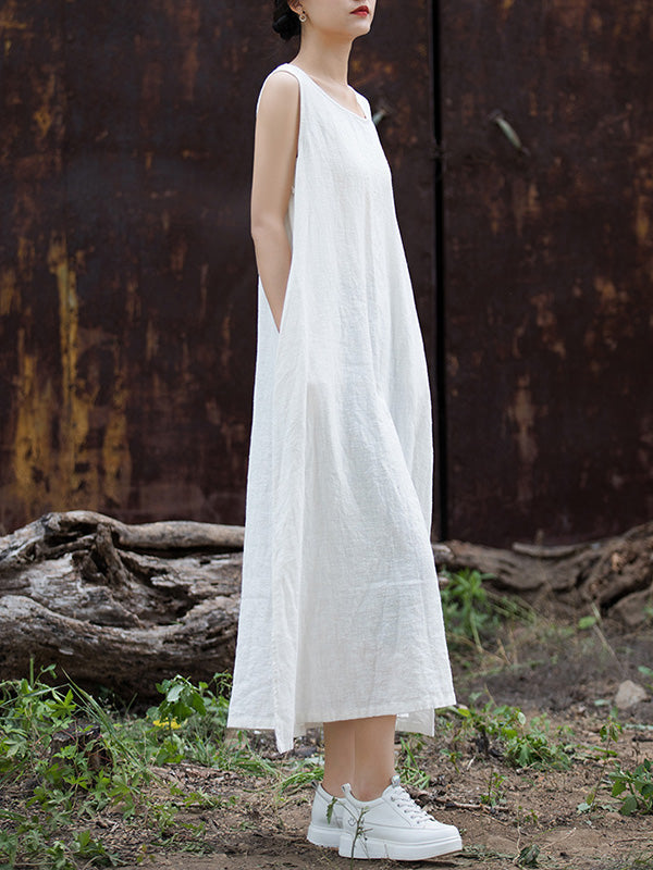 Drawstring Solid Color Split-Joint Tied Waist Loose Sleeveless Round-Neck Midi Dresses