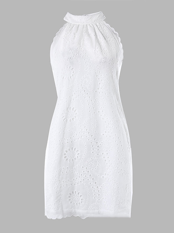 Hollow Solid Color Split-Joint Zipper Loose Sleeveless Stand Collar Mini Dresses