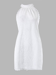 Hollow Solid Color Split-Joint Zipper Loose Sleeveless Stand Collar Mini Dresses