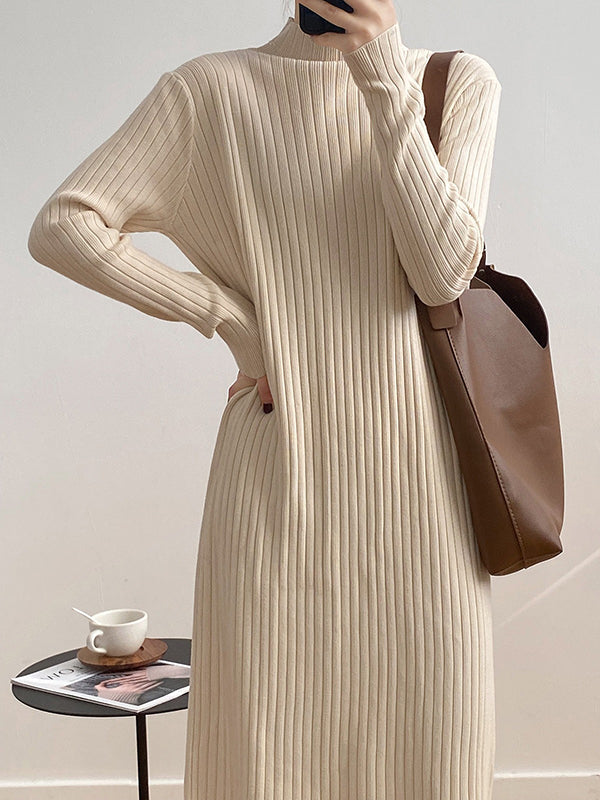 Fringed Solid Color Long Sleeves Loose Mock Neck Sweater Dresses Midi Dresses