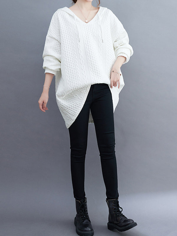 Drawstring Jacquard Solid Color Split-Joint Hooded Long Sleeves Hoodies Tops