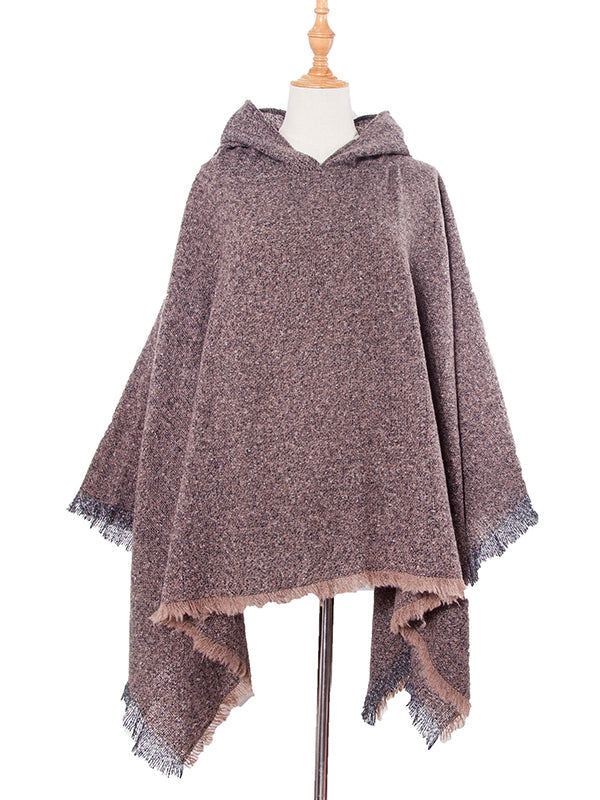 Fringed Hooded Keep Warm Solid Color Shawl&Cloak Cape