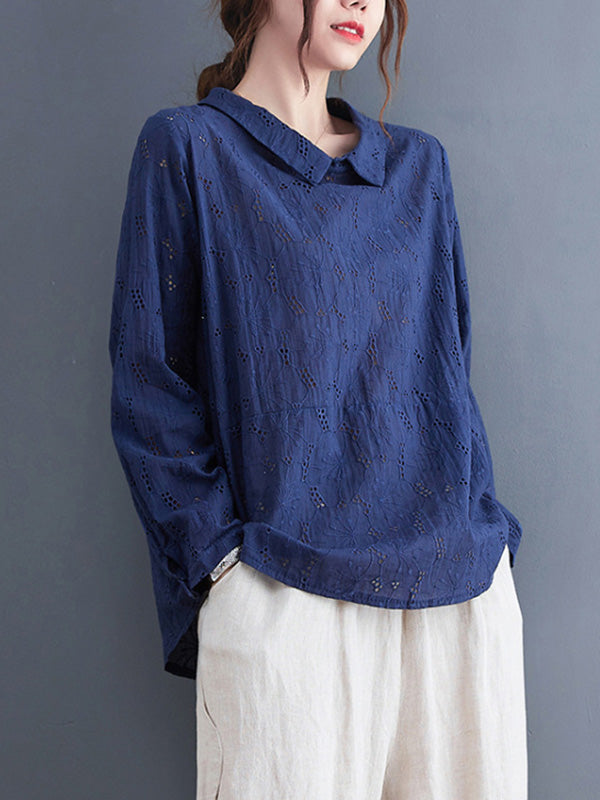 Loose 3 Colors Embroidered Hollow Lapel Collar Long Sleeves T-Shirt