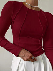 Pleated Solid Color Split-Joint Long Sleeves Skinny Round-Neck T-Shirts Tops