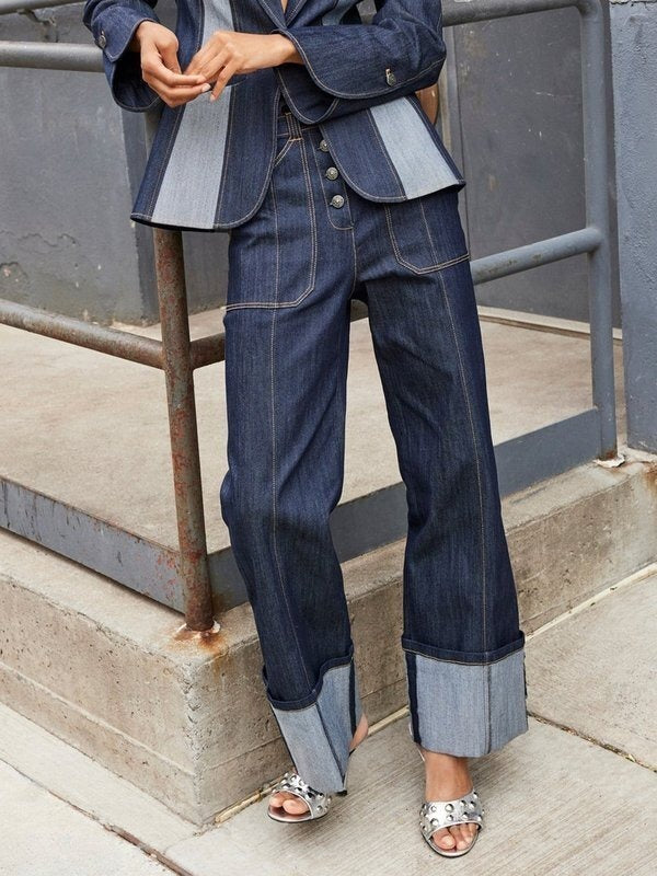 Contrast Color Split-Joint High Waisted Straight Leg Jean Pants Bottoms