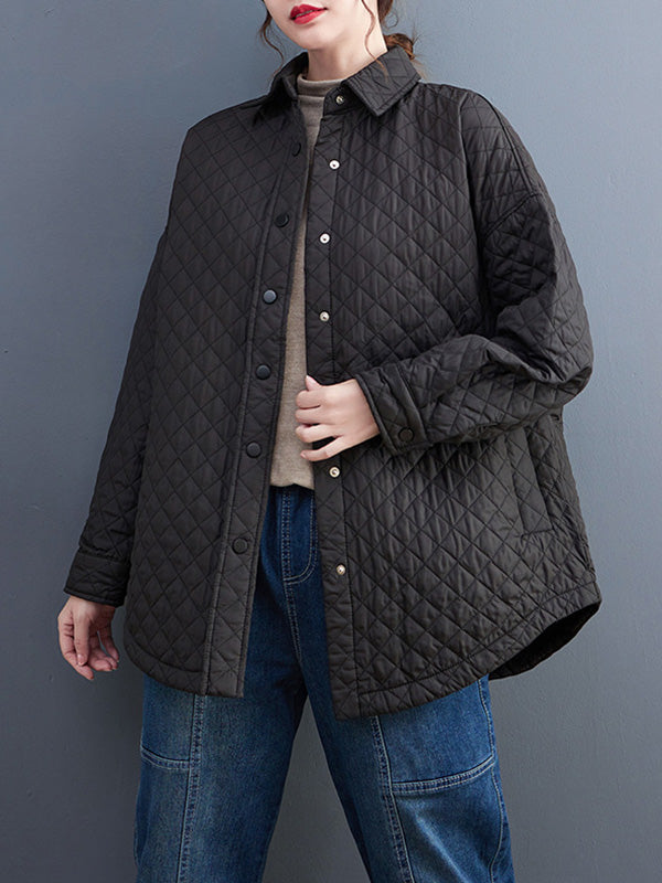 Loose Long Sleeves Buttoned Solid Color Lapel Collar Padded Outerwear