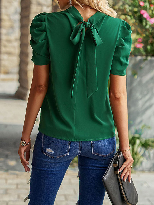 Pleated Solid Color Half Sleeves Loose Mock Neck T-Shirts Tops