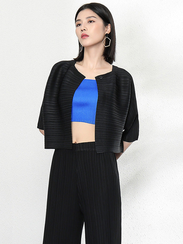 Casual Loose Half Sleeves Pleated Solid Color Outerwear