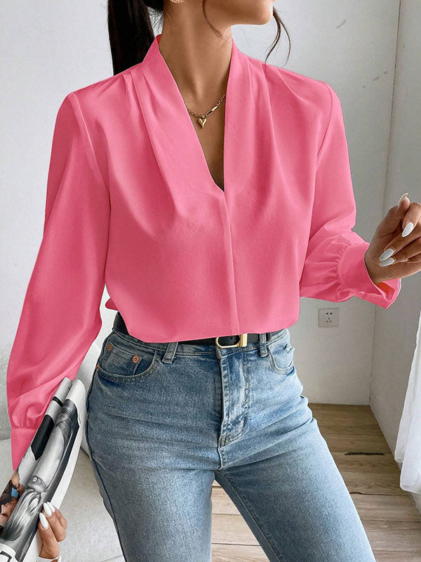 Pleated Solid Color Split-Joint Long Sleeves Loose V-Neck Blouses&Shirts Tops