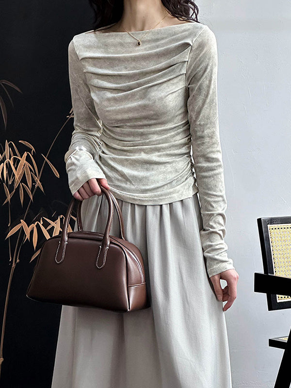 Pleated Split-Joint Long Sleeves Skinny Boat Neck T-Shirts