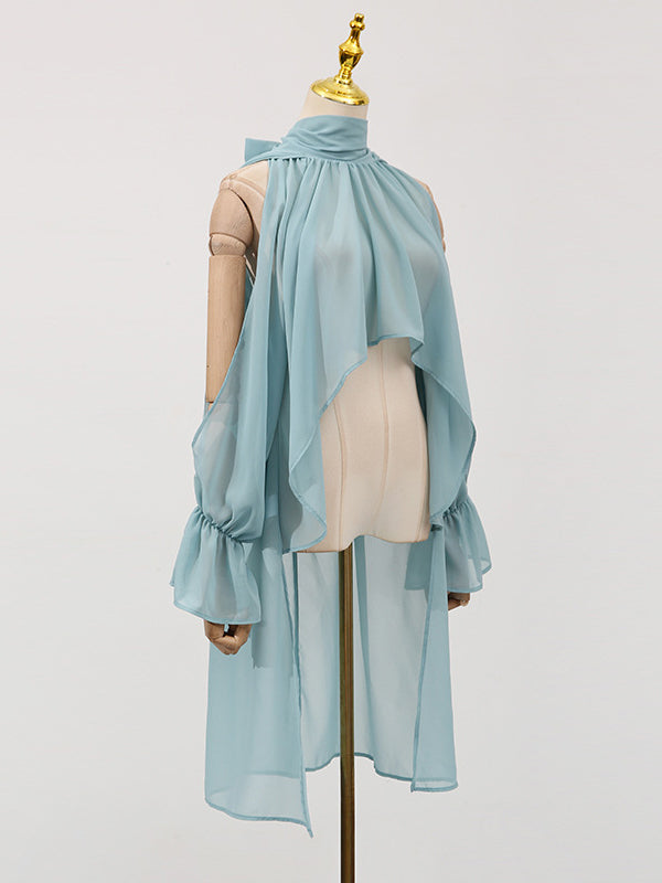 Elasticity Hollow Pleated Solid Color High-Low Long Sleeves Mock Neck Blouses&Shirts Tops