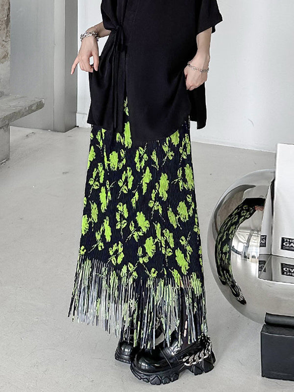 Pleated Printed Split-Joint Tasseled High Waisted H-Line Skirts