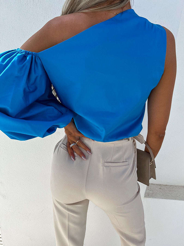 Asymmetric Elasticity Solid Color Long Sleeves Loose One-shoulder Blouses&shirts Tops