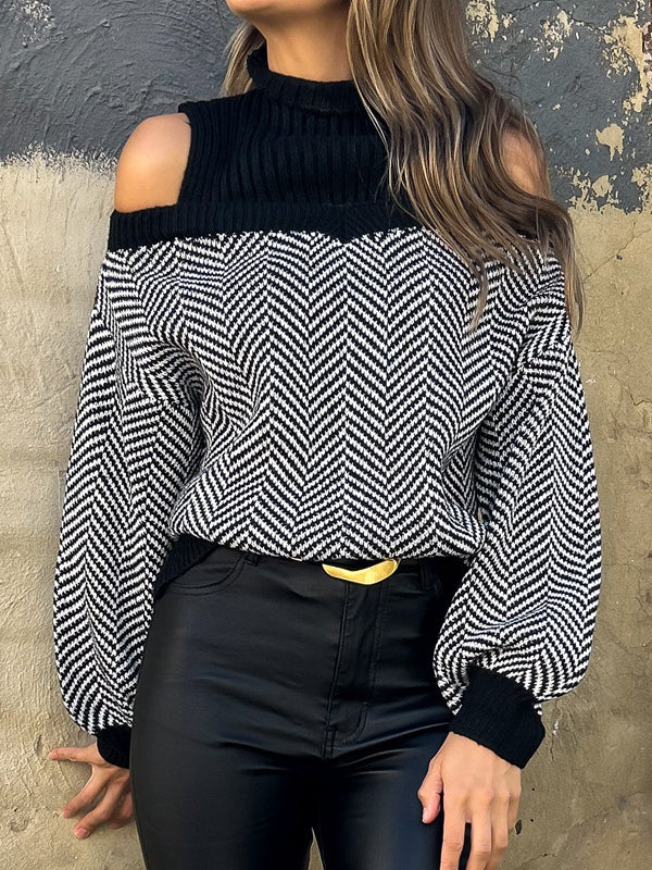 Contrast Color Split-Joint Loose Puff Sleeves Cold Shoulder Sweater Tops