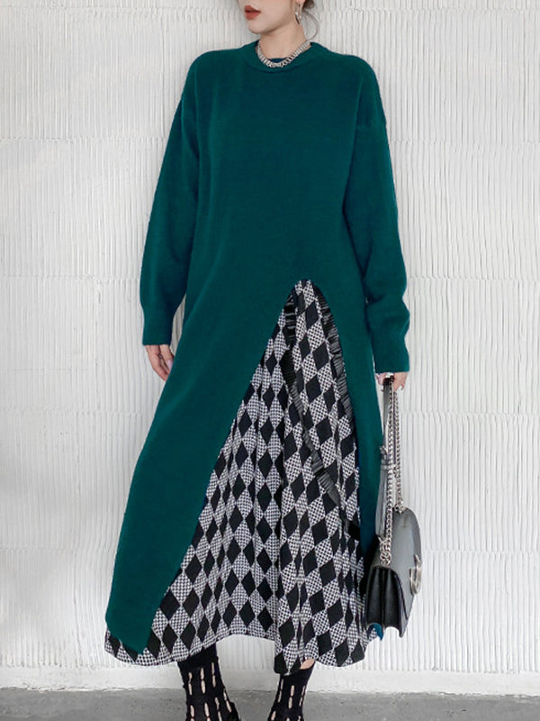 Solid Color Split-side Long Sleeves Loose Round-neck Sweater Tops