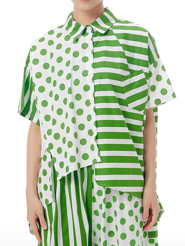 Polka-Dot Split-Joint Striped Irregular clipping Loose Lapel Shirts Tops