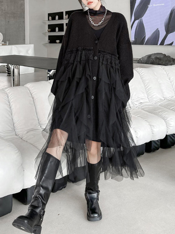 Buttoned Pleated Solid Color Split-Joint Tulle Velvet Long Sleeves Loose V-Neck Cardigan Tops