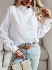 Pleated Ruffled See-Through Solid Color Split-Joint Long Sleeves Loose Stand Collar Blouses&Shirts Tops