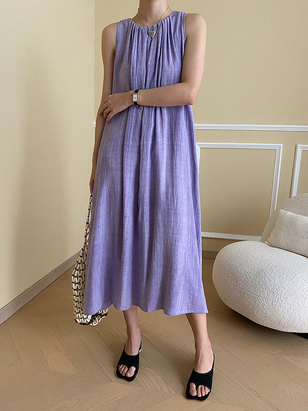 Pleated Solid Color A-Line Loose Round-Neck Midi Dresses