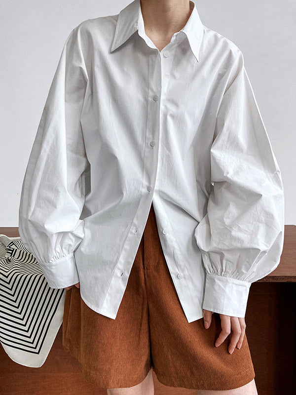 Buttoned Pleated Solid Color Long Sleeves Loose Lapel Blouses&Shirts Tops