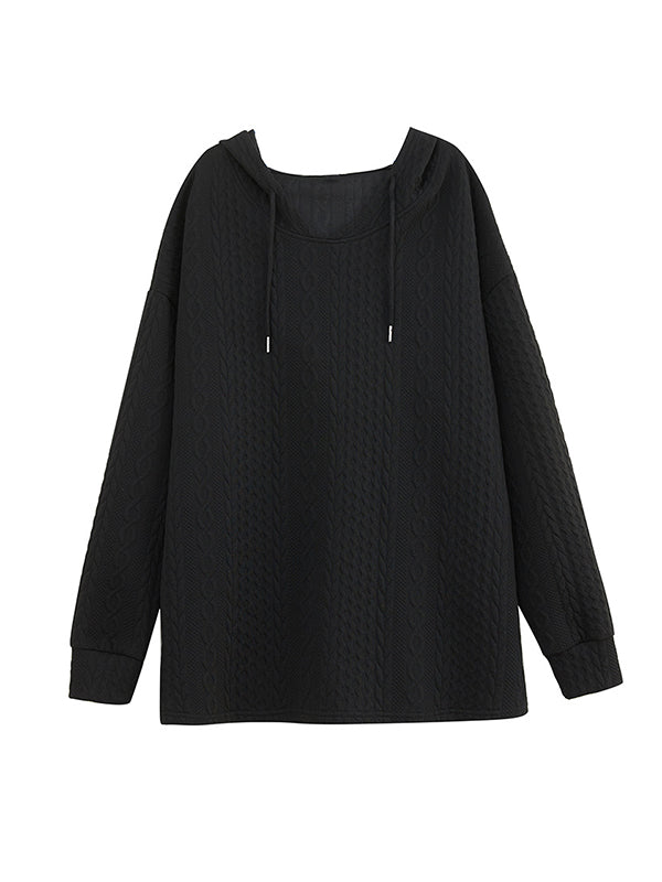 Drawstring Jacquard Solid Color Split-Joint Hooded Long Sleeves Hoodies Tops