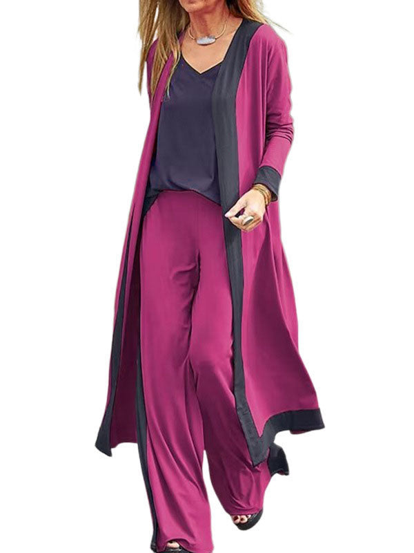 Loose Contrast Color Long Sleeves Outer Wear + V-Neck Inner Vest + Pants Bottom Three Pieces Set