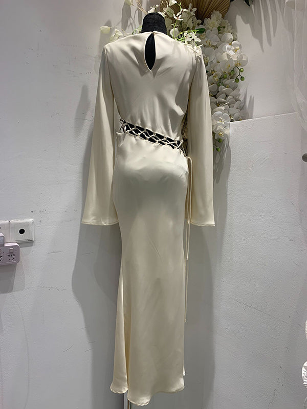 Hollow Solid Color High Waisted Long Sleeves Round-Neck Maxi Dresses