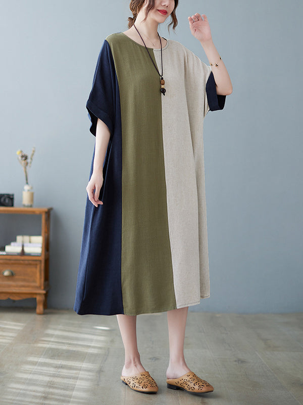 Contrast Color Half Sleeves Loose Round-neck Midi Dresses