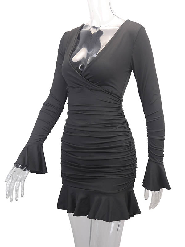 Pleated Ruffled Solid Color Split-Joint Bodycon Elasticated Waist V-Neck Midi Dresses