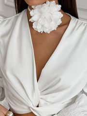 Elasticity Pleated Solid Color Split-Joint Loose Puff Sleeves V-Neck Blouses&Shirts Tops