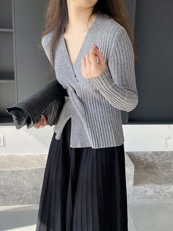 Knot Solid Color Long Sleeves Loose V-Neck Sweater Tops Pullovers