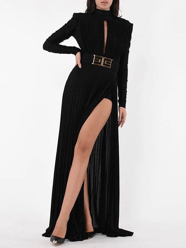 Long Sleeves Pleated Solid Color Split-Side V-Back High-Neck Evening Dresses Maxi Dresses