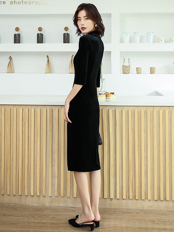 Solid Color Velvet Banquet Split-Side Long Cheongsams