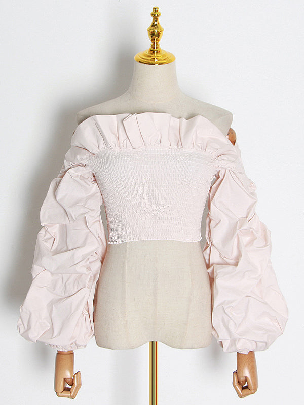 Elasticity Ruffle Trim Solid Color Split-Joint Long Sleeves Loose Off-The-Shoulder Blouses&Shirts Tops