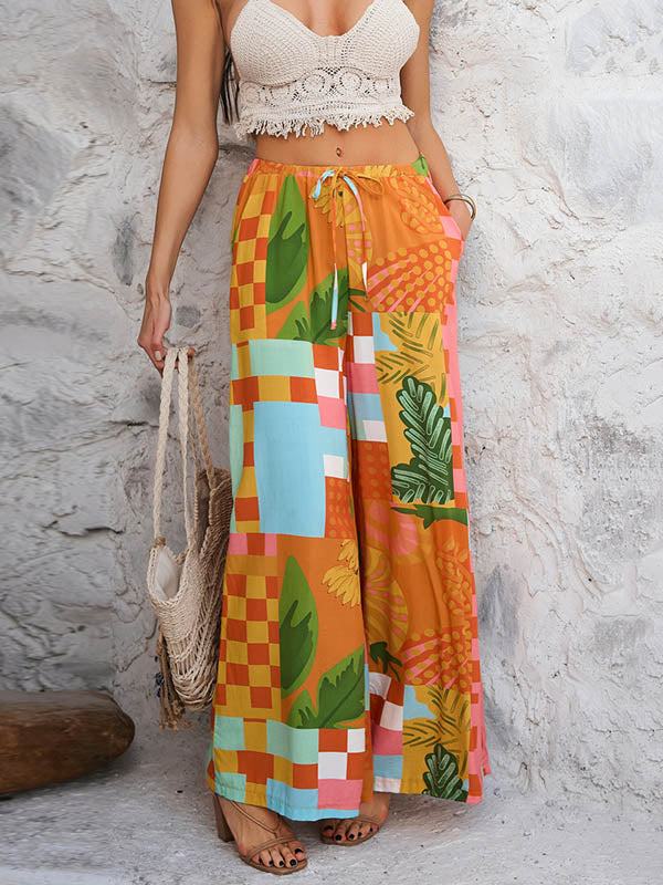 Contrast Color Drawstring Pockets High Waisted Loose Trousers Pants