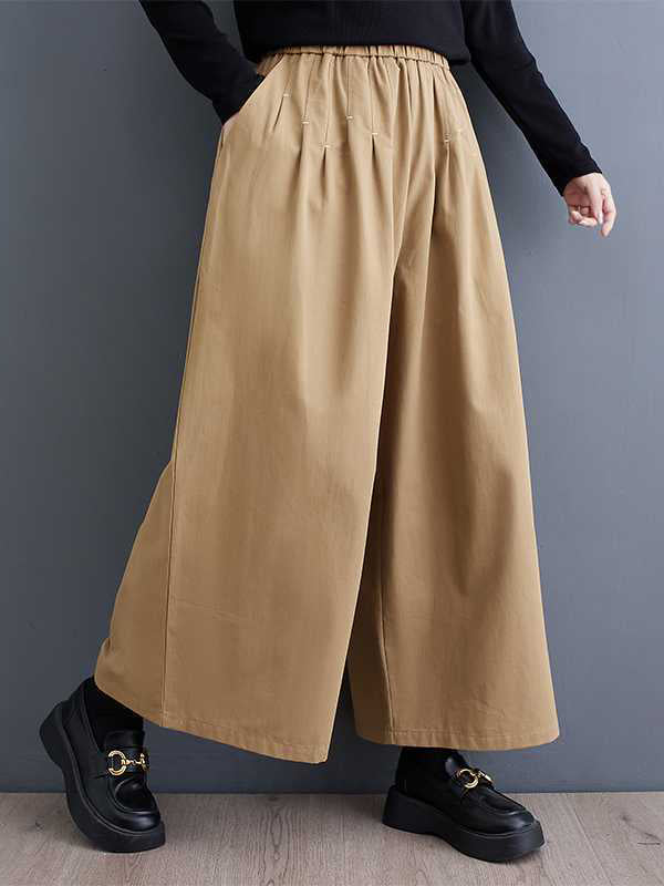Elasticity Embroidered Pleated Loose Wide Leg Trousers Ninth Pants