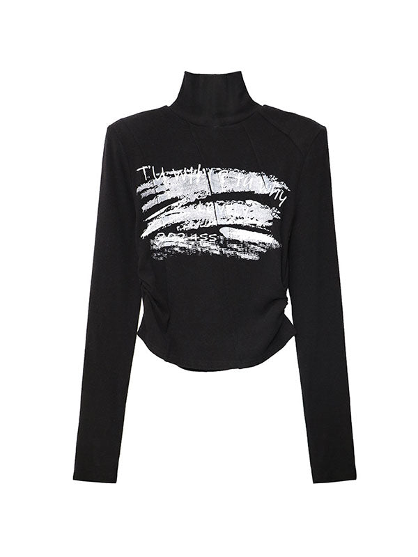 Letter Print Shoulder Pad Long Sleeves Skinny High Neck T-Shirts Tops