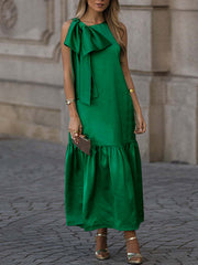 Sleeveless Bowknot Pleated Split-Joint Round-Neck Maxi Dresses