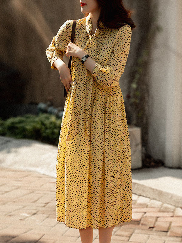 Polka-Dot Tied A-Line High Waisted Mock Neck Midi Dresses