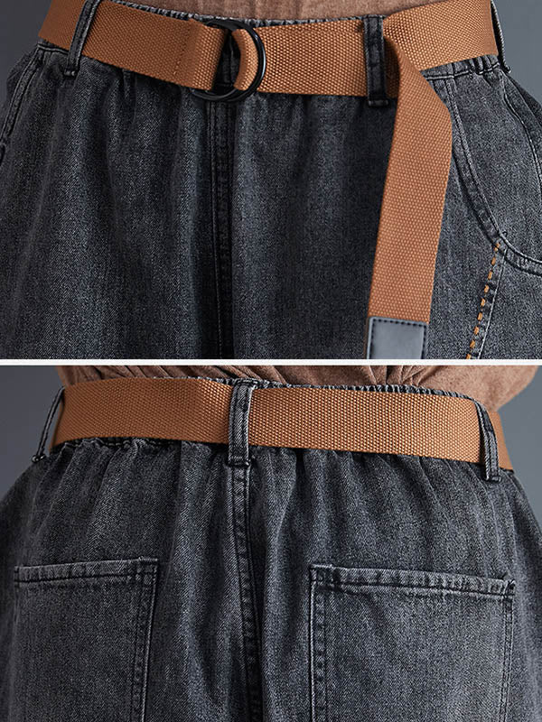 Artistic Retro Loose Velvet Elasticity Belted Jean Pants